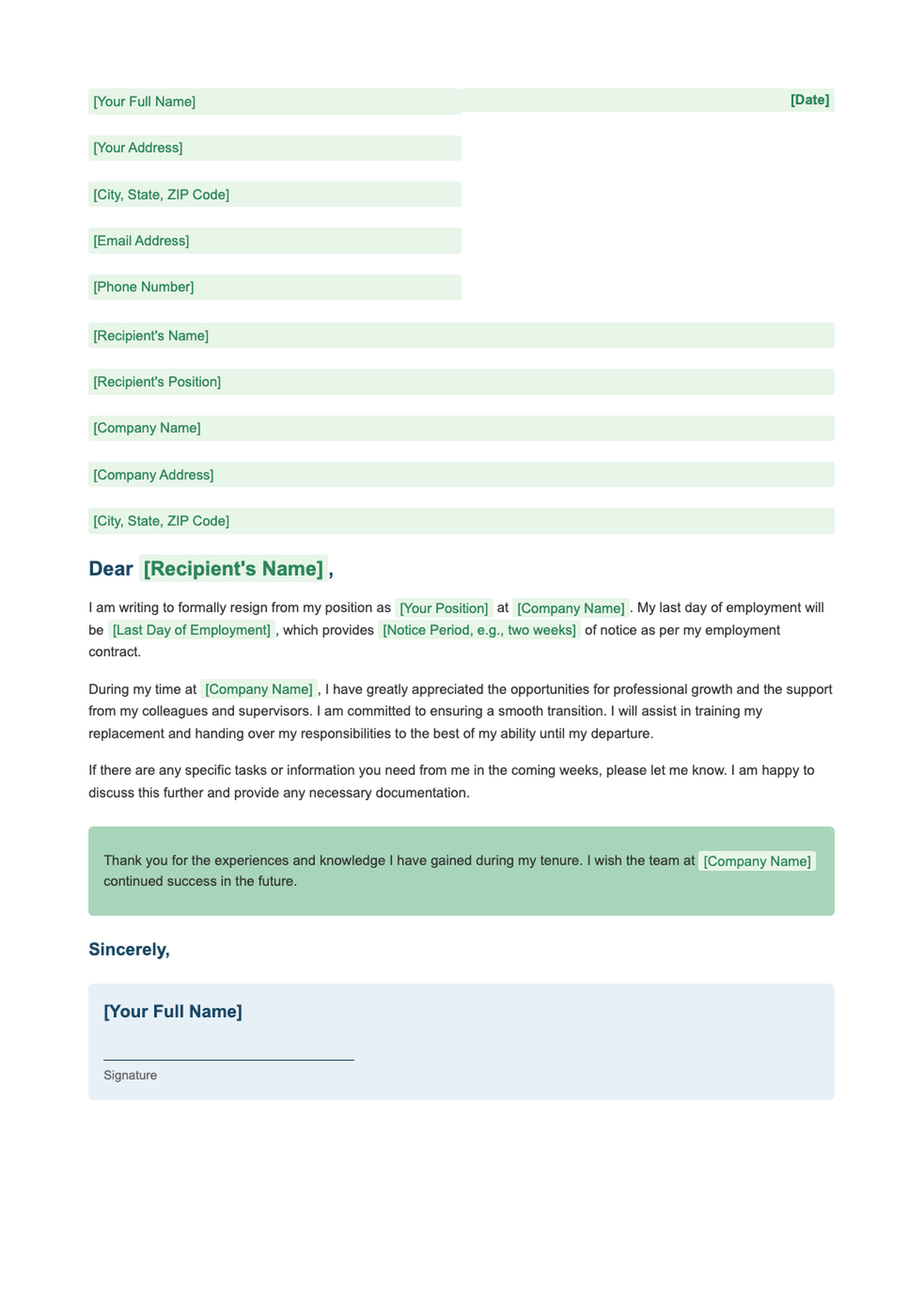 Professional resignation letter template with blue sidebar and green highlights_variant_1